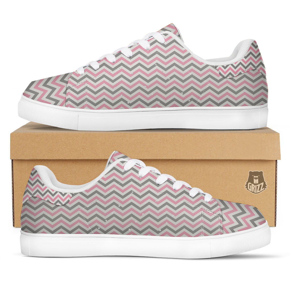 White Pink And Grey Chevron Print White Low Top Sneakers-grizzshop