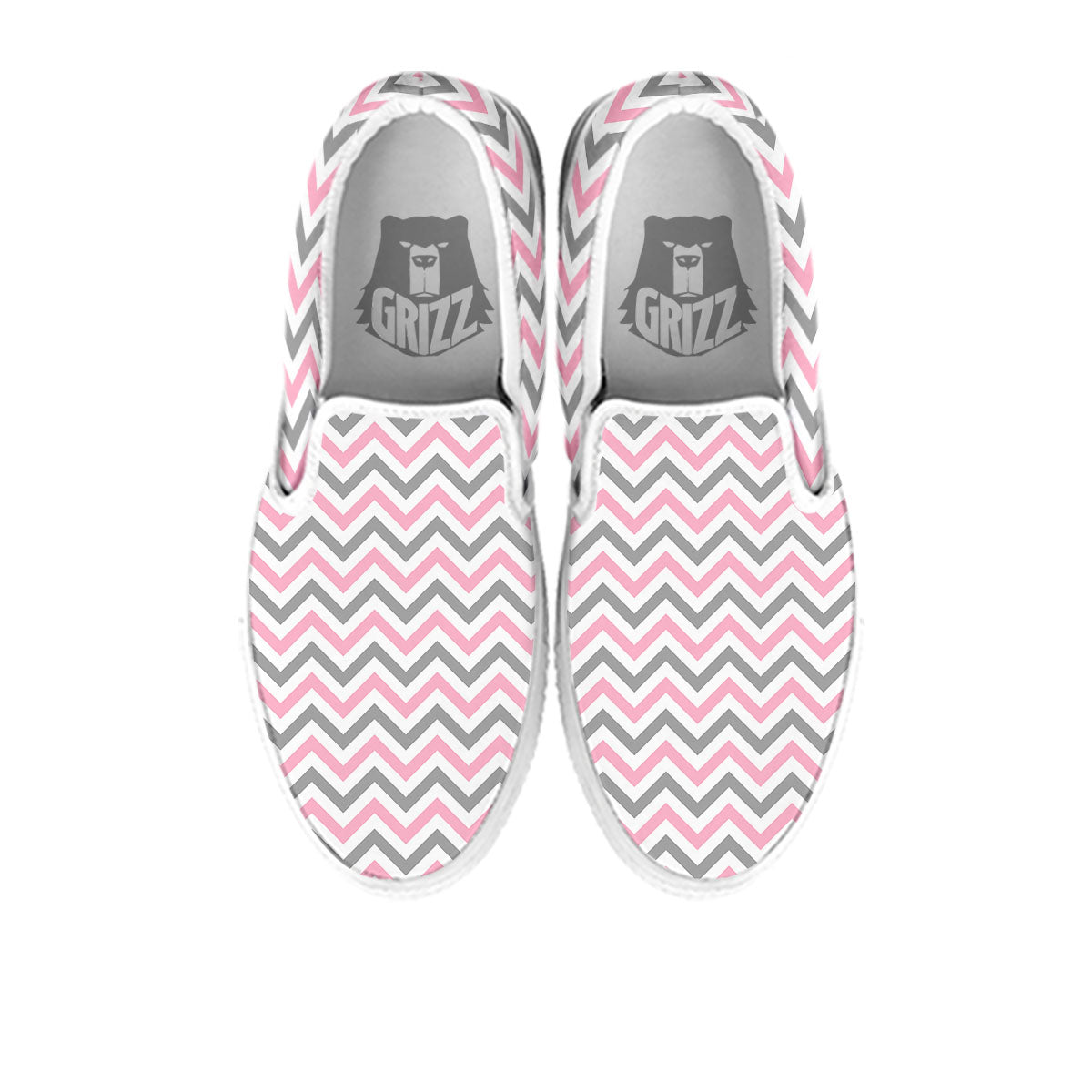 White Pink And Grey Chevron Print White Slip On Shoes-grizzshop