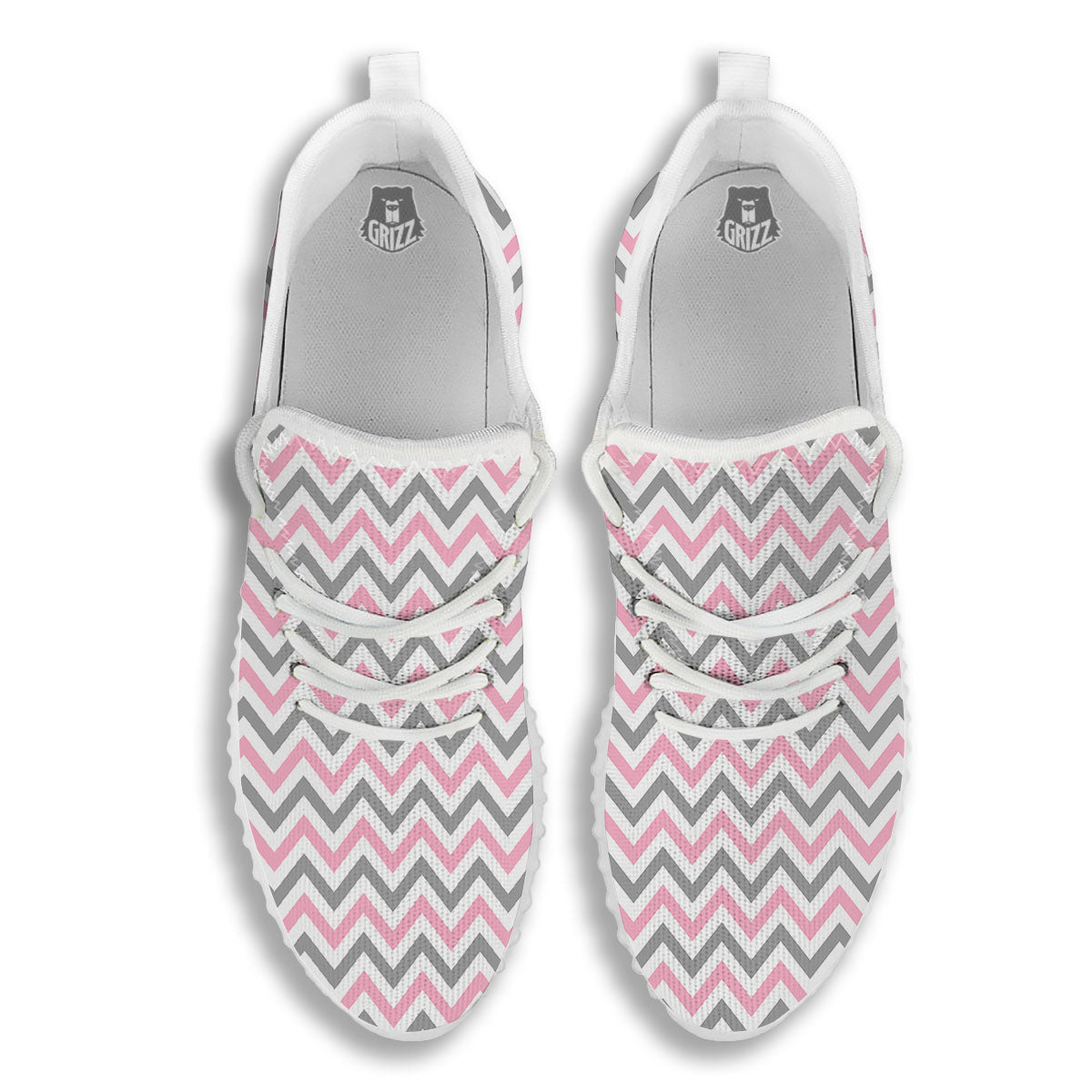 White Pink And Grey Chevron Print White Walking Shoes-grizzshop