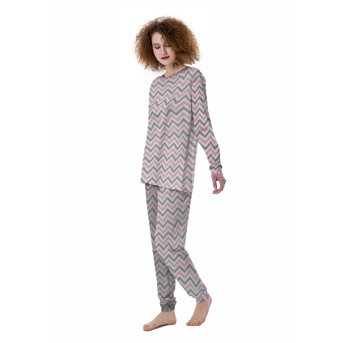 White Pink And Grey Chevron Print Women's Pajamas-grizzshop