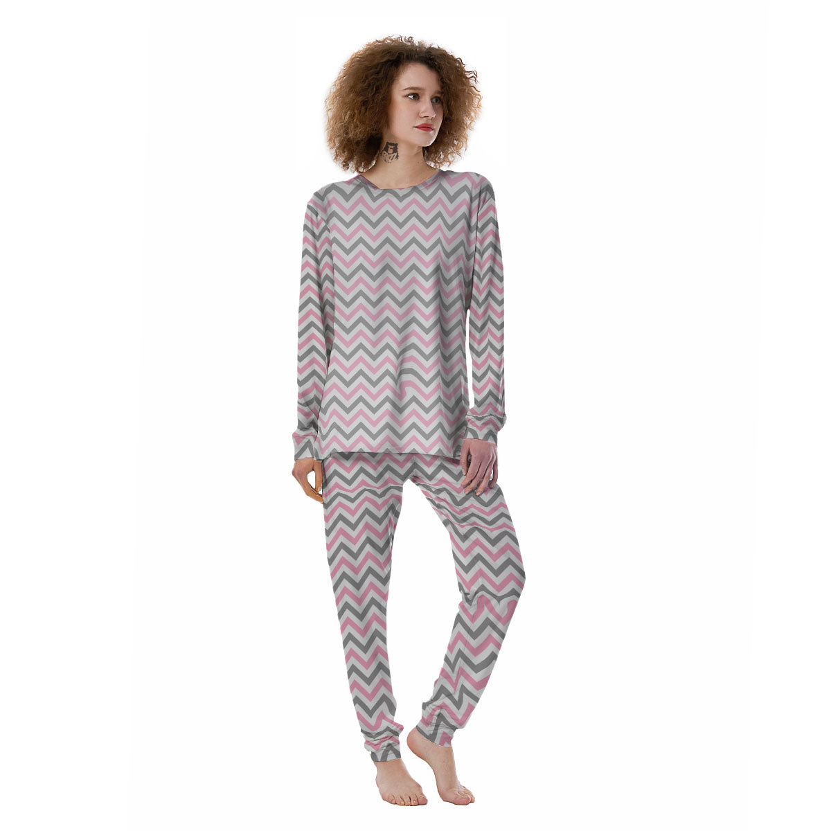 White Pink And Grey Chevron Print Women's Pajamas-grizzshop