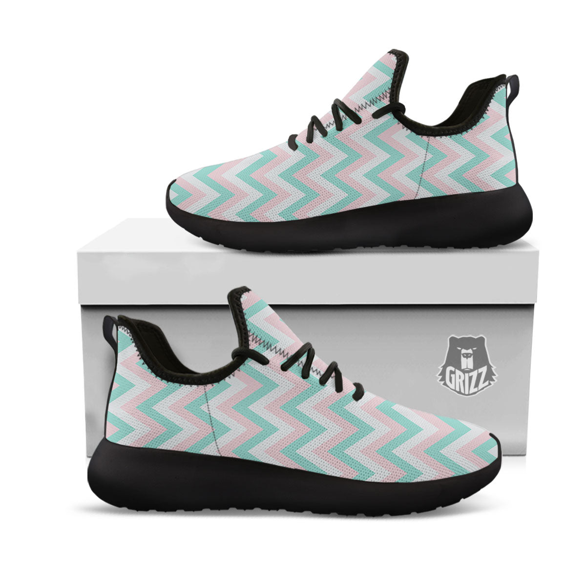 White Pink And Navy Chevron Print Black Athletic Shoes-grizzshop