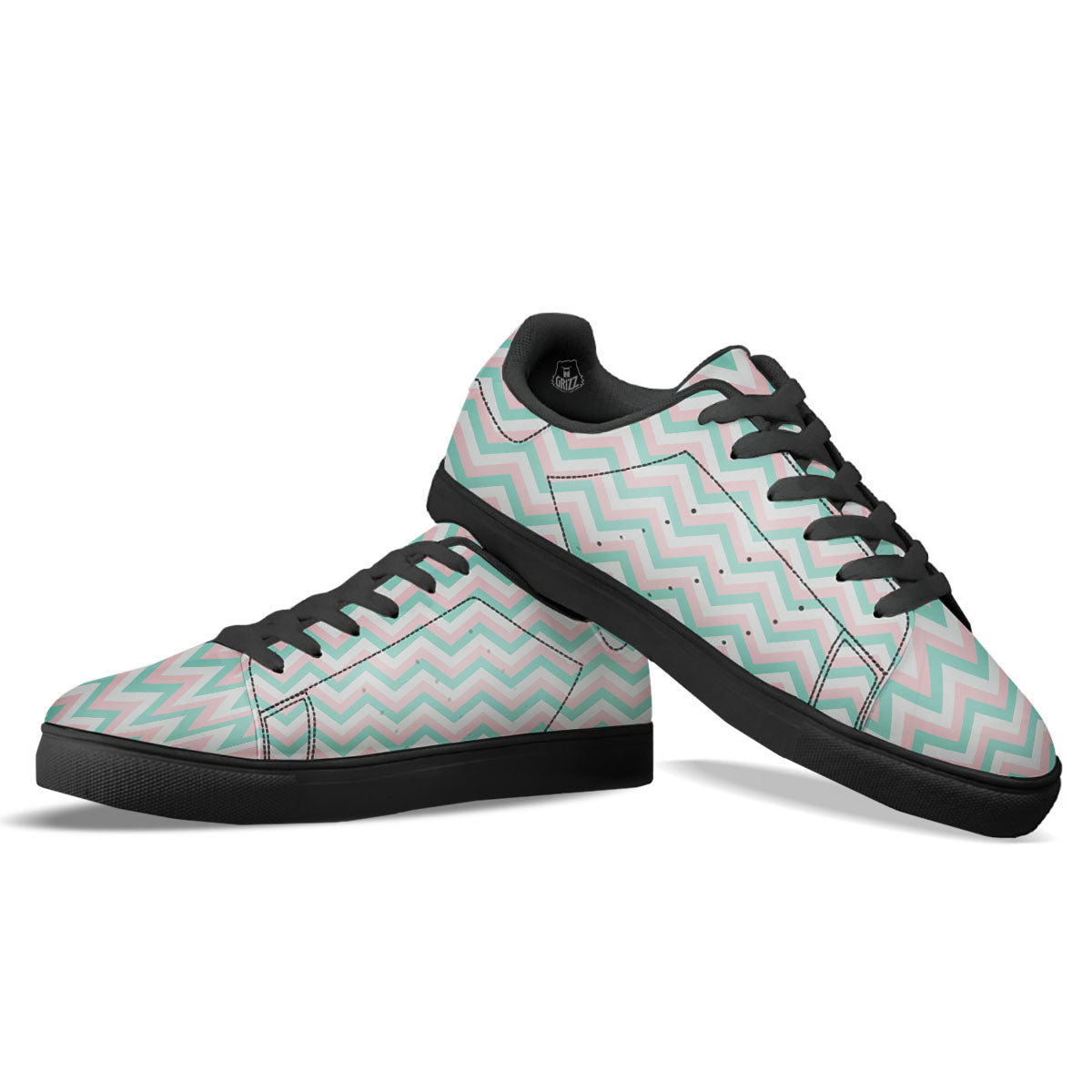 White Pink And Navy Chevron Print Black Low Top Sneakers-grizzshop