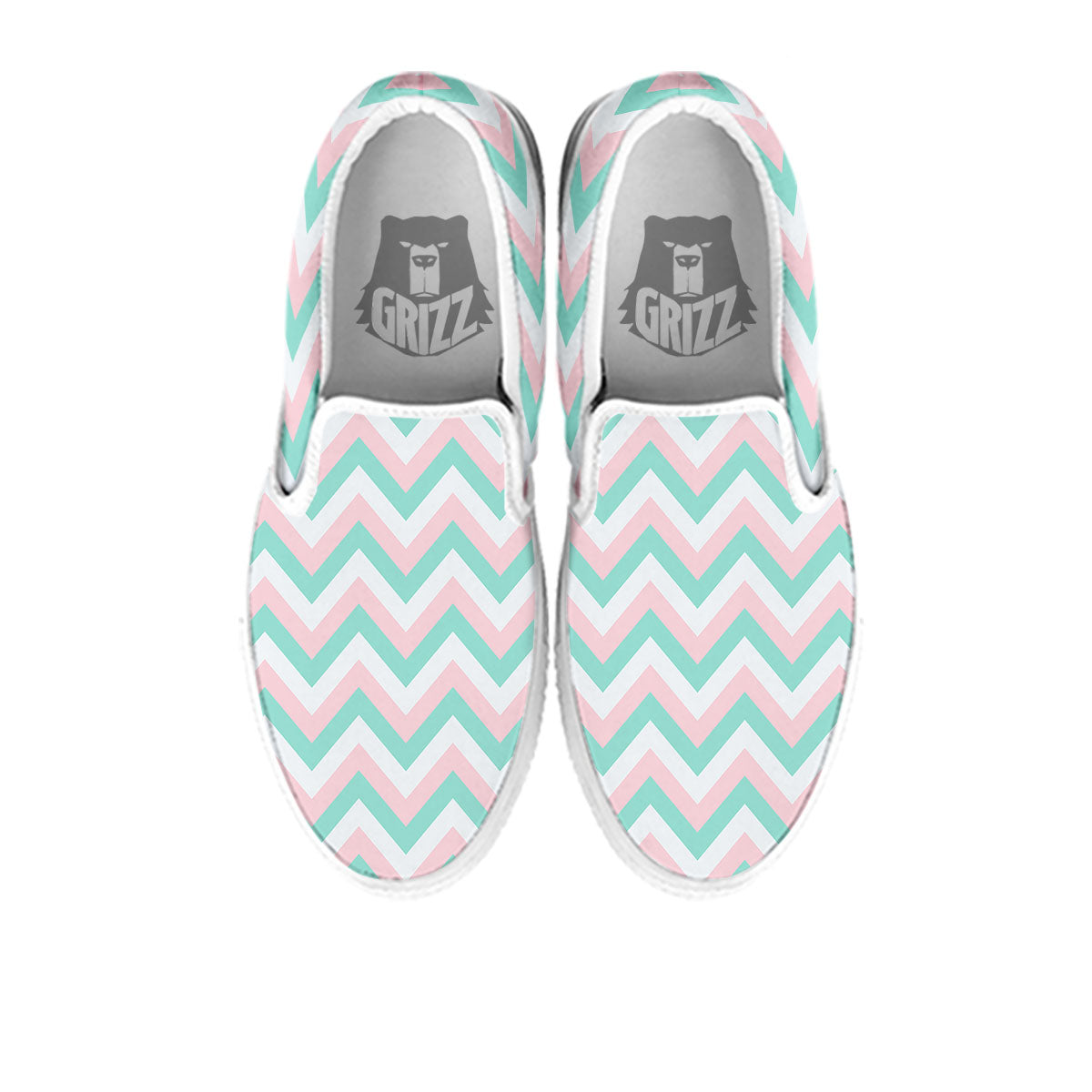 White Pink And Navy Chevron Print White Slip On Shoes-grizzshop