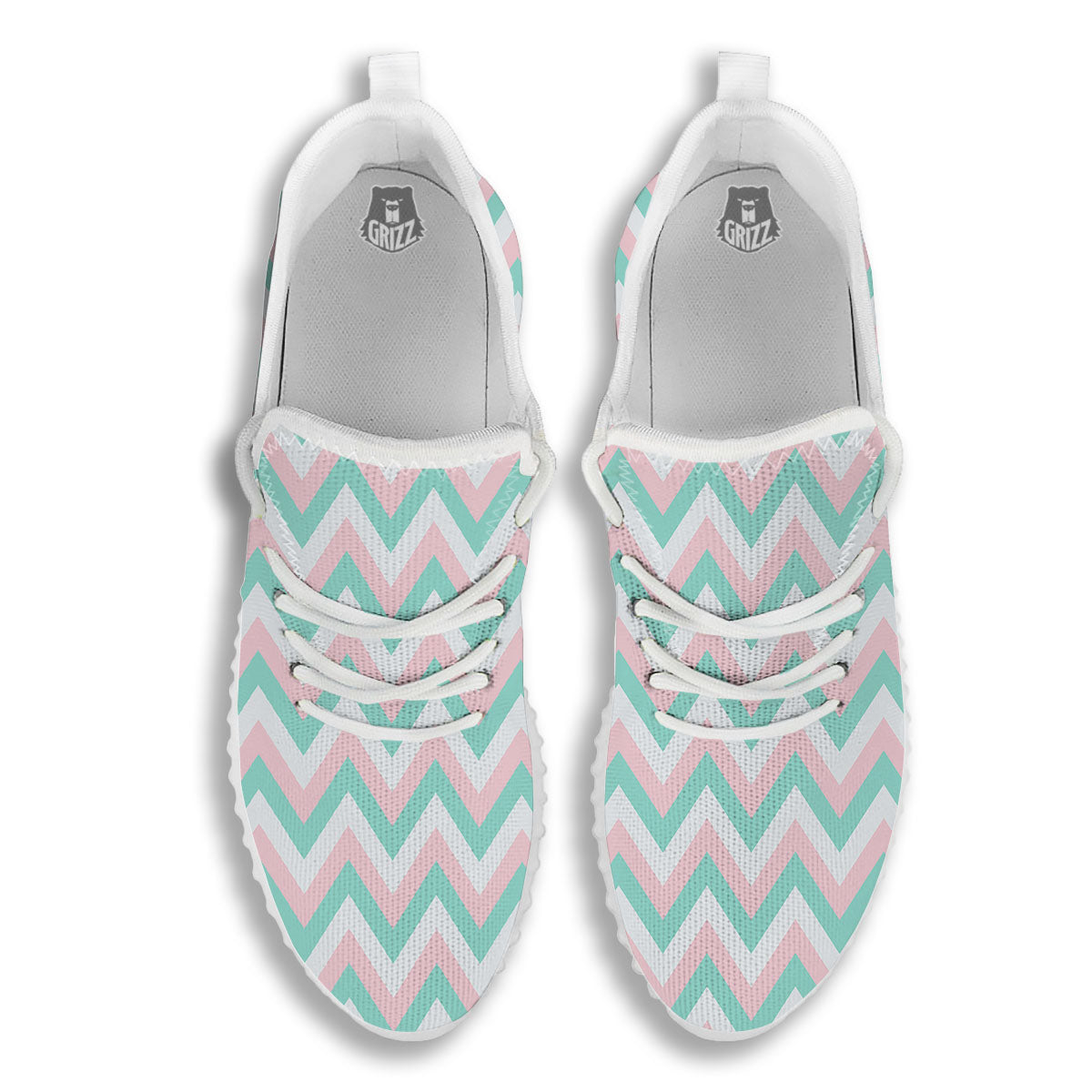 White Pink And Navy Chevron Print White Walking Shoes-grizzshop