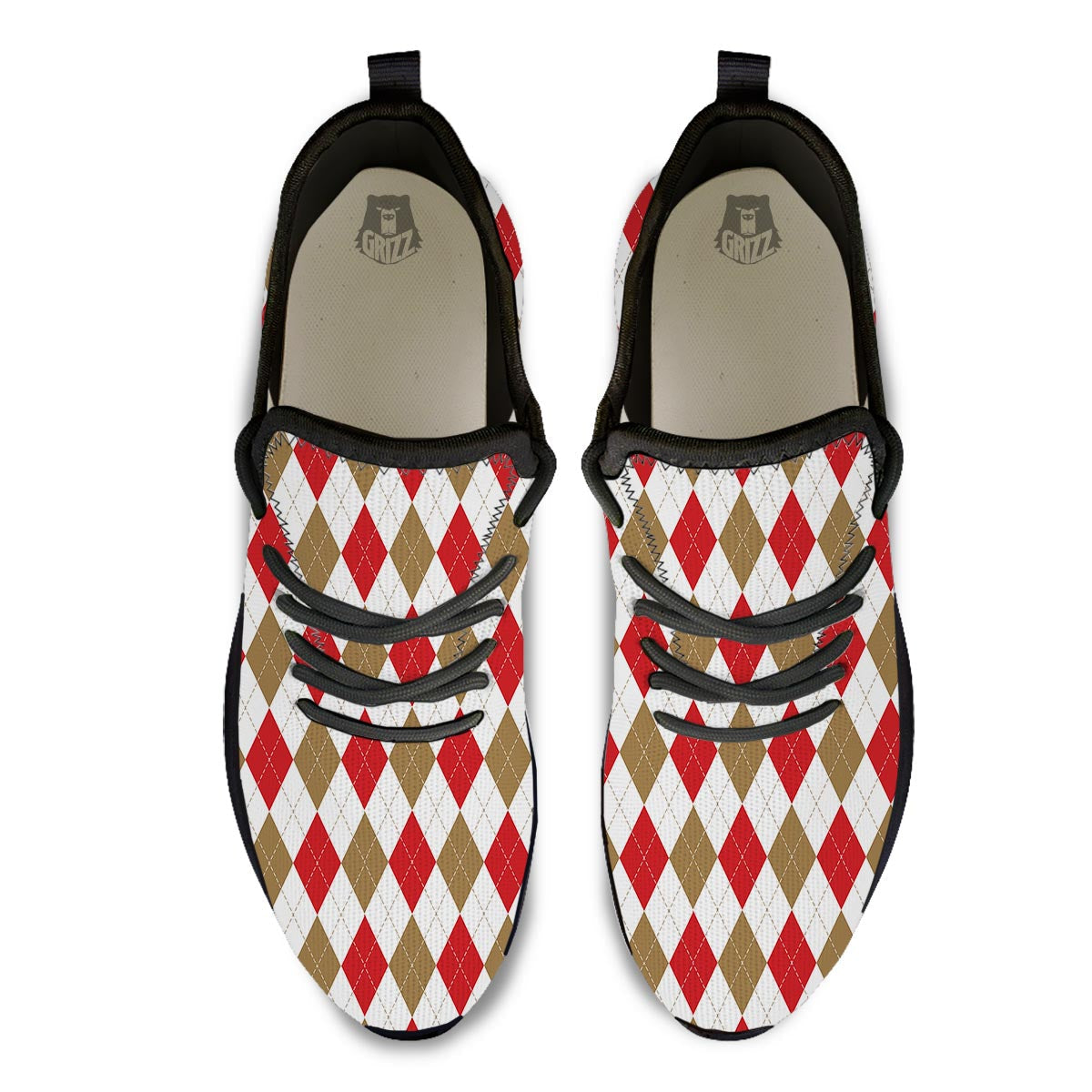 White Red And Beige Argyle Print Pattern Black Athletic Shoes-grizzshop
