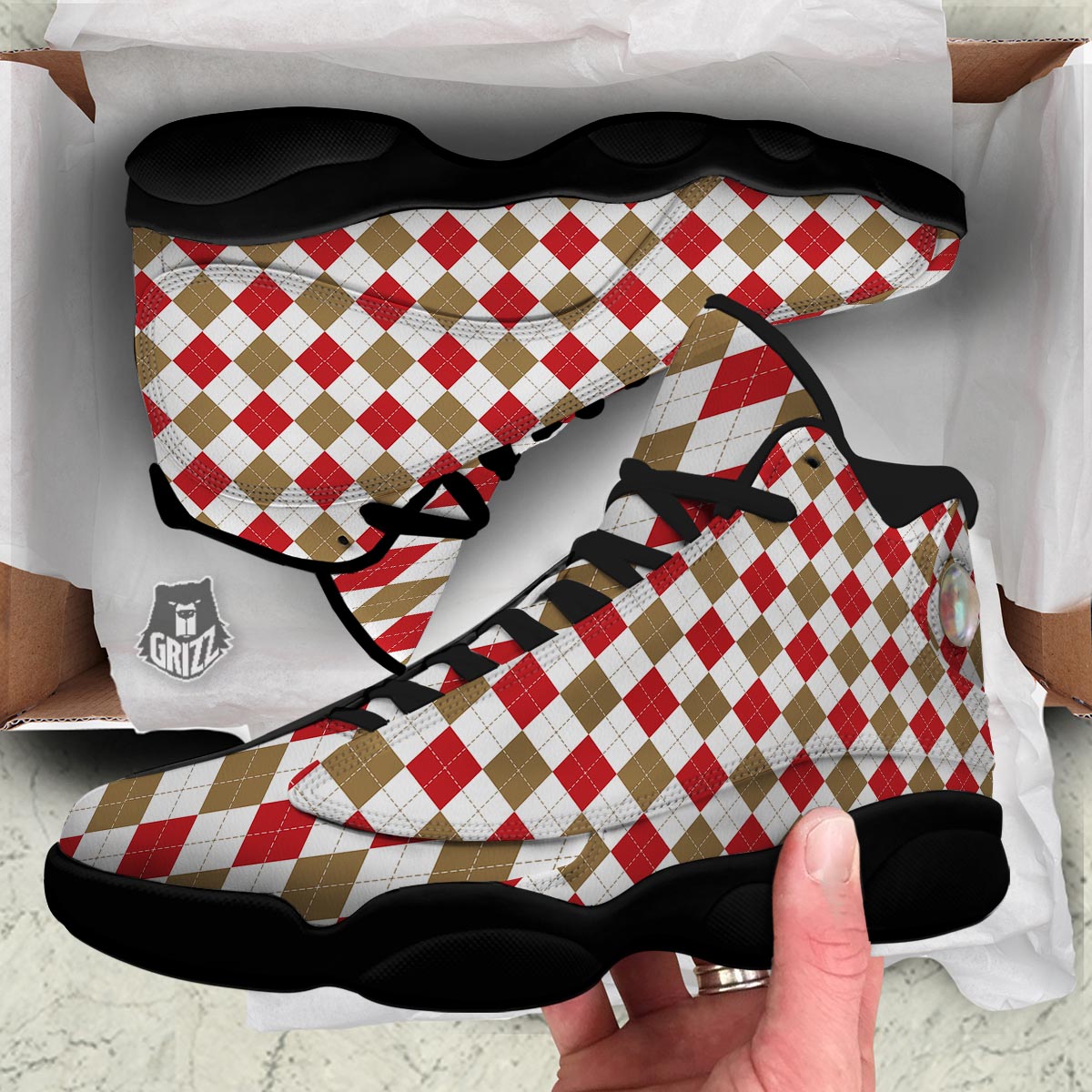 White Red And Beige Argyle Print Pattern Black Basketball Shoes-grizzshop