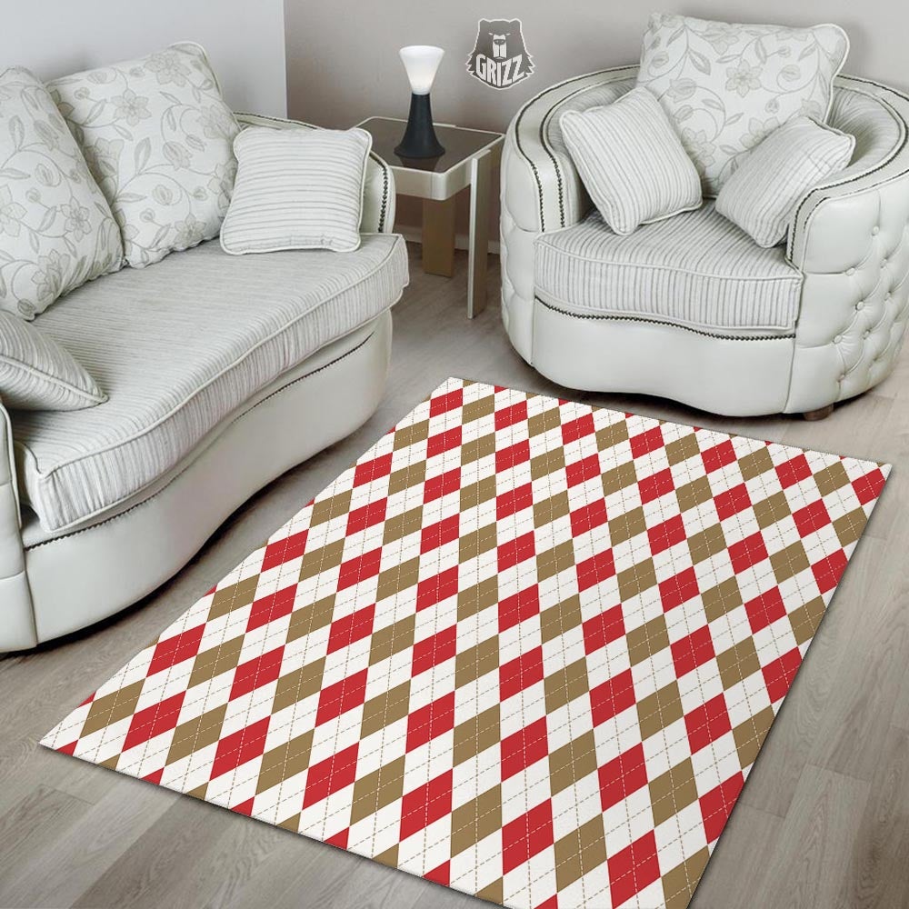 White Red And Beige Argyle Print Pattern Floor Mat-grizzshop