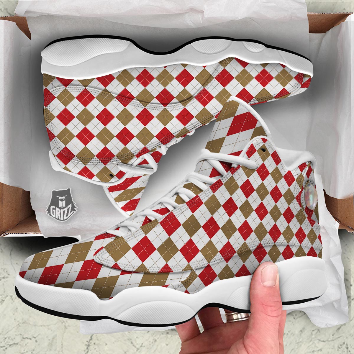 White Red And Beige Argyle Print Pattern White Basketball Shoes-grizzshop