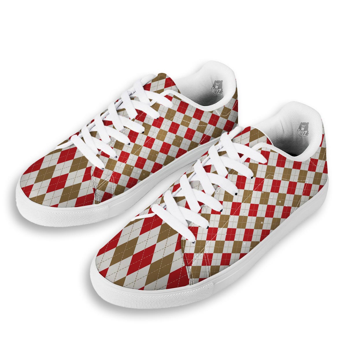 White Red And Beige Argyle Print Pattern White Low Top Sneakers-grizzshop