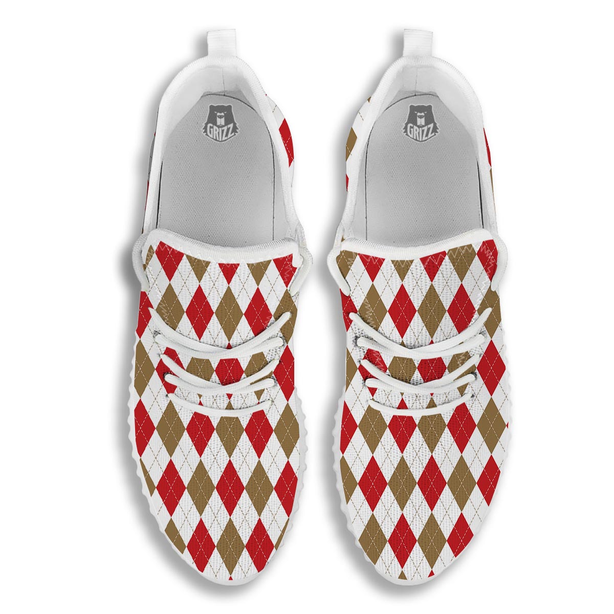 White Red And Beige Argyle Print Pattern White Walking Shoes-grizzshop