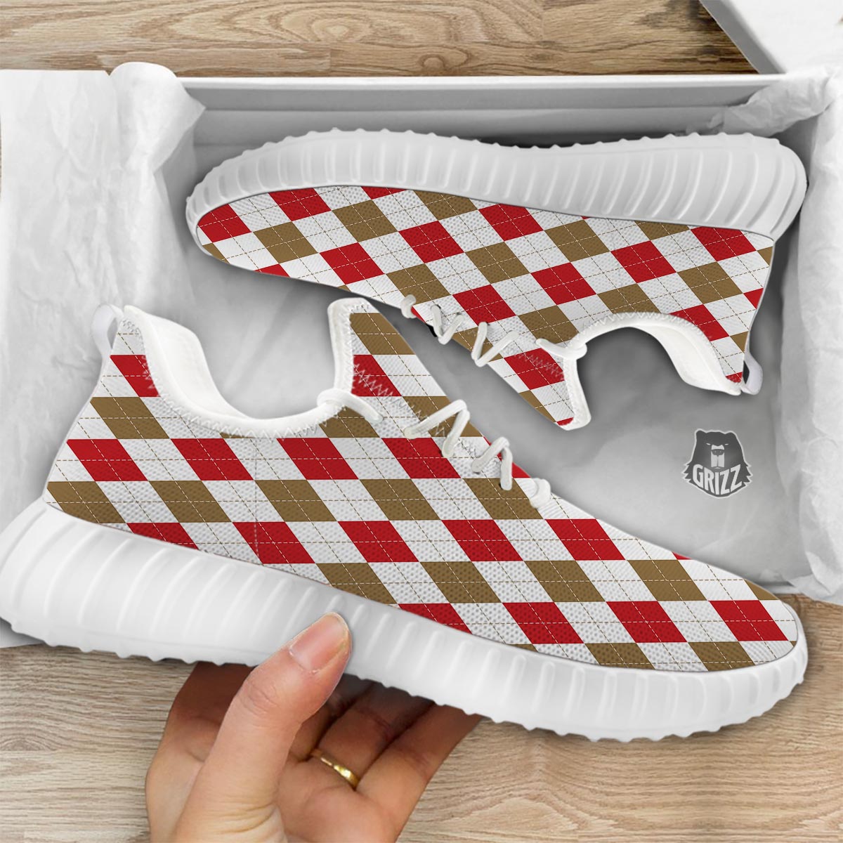 White Red And Beige Argyle Print Pattern White Walking Shoes-grizzshop