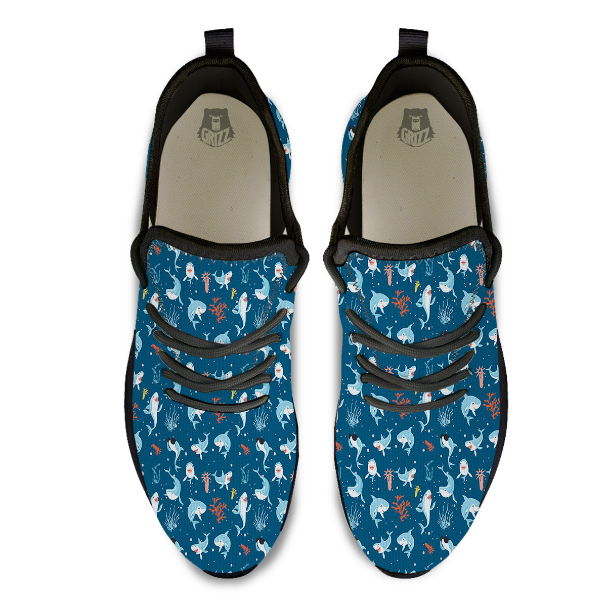 White Shark Cartoon Print Pattern Black Athletic Shoes-grizzshop