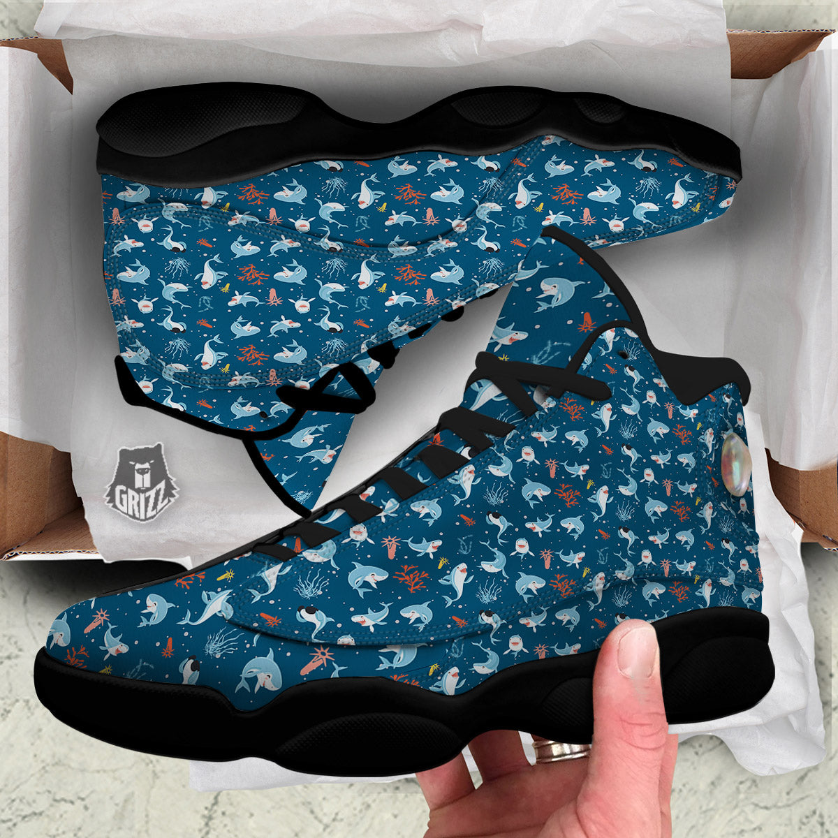 White Shark Cartoon Print Pattern Black Basketball Shoes-grizzshop