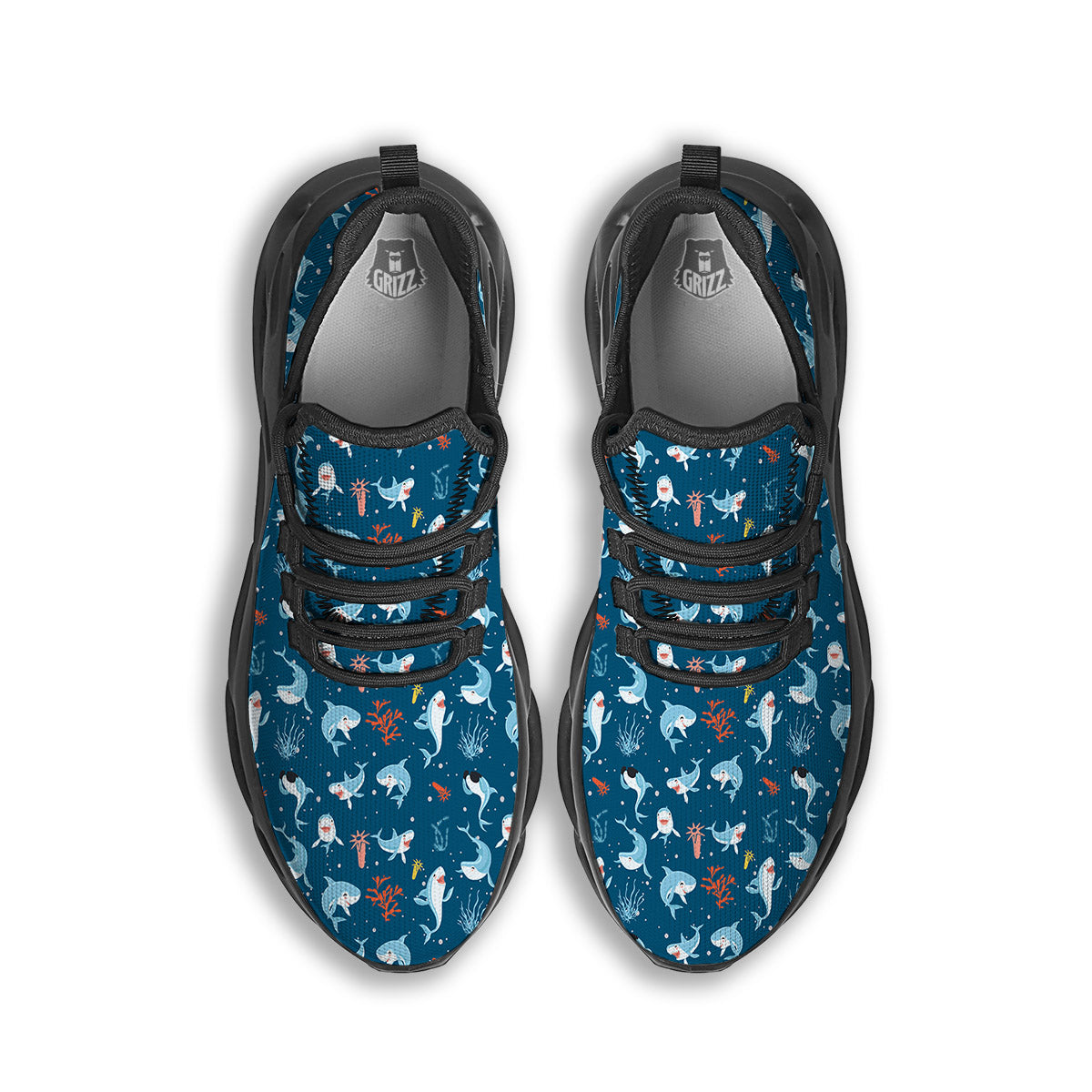 White Shark Cartoon Print Pattern Black Running Shoes-grizzshop