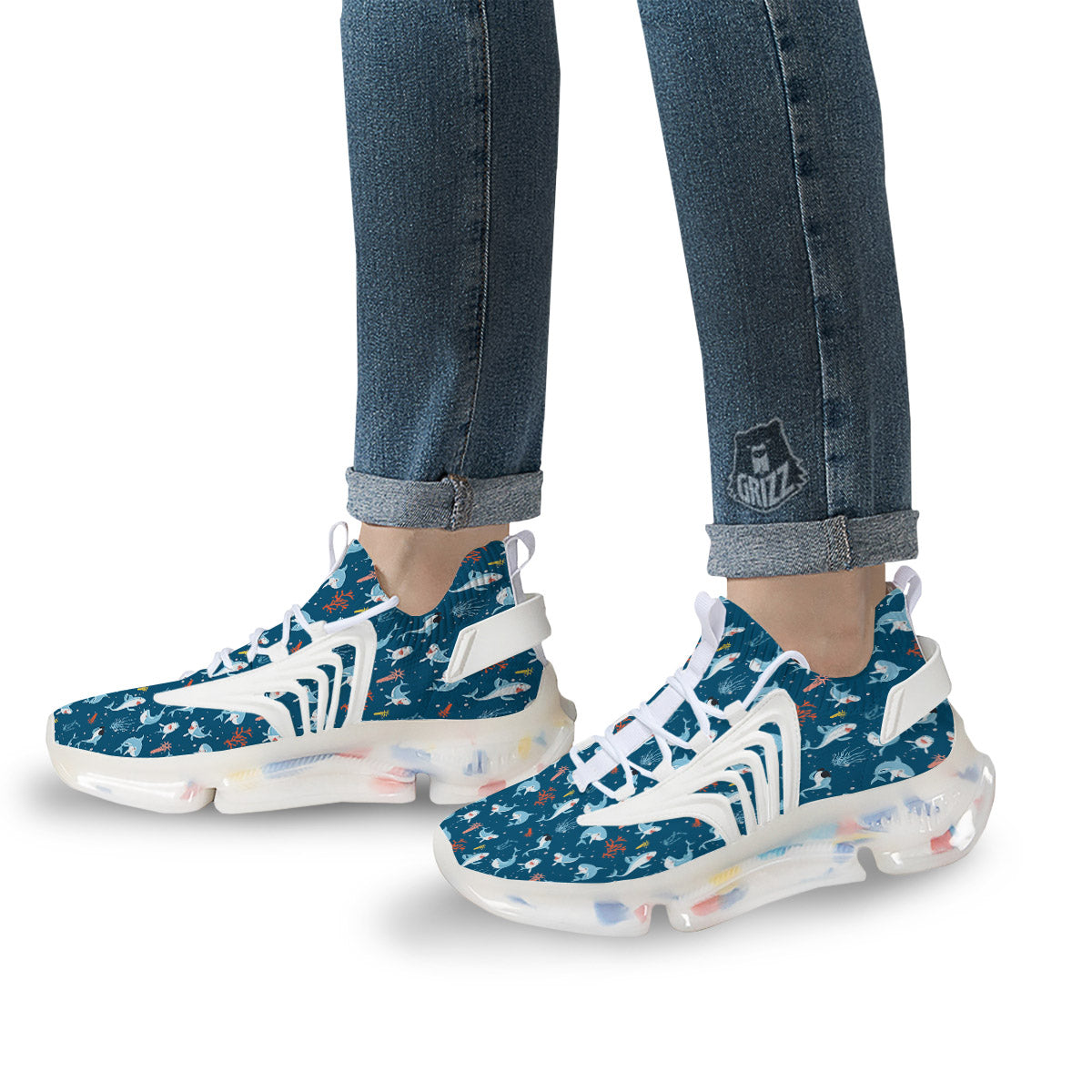 White Shark Cartoon Print Pattern White Gym Shoes-grizzshop