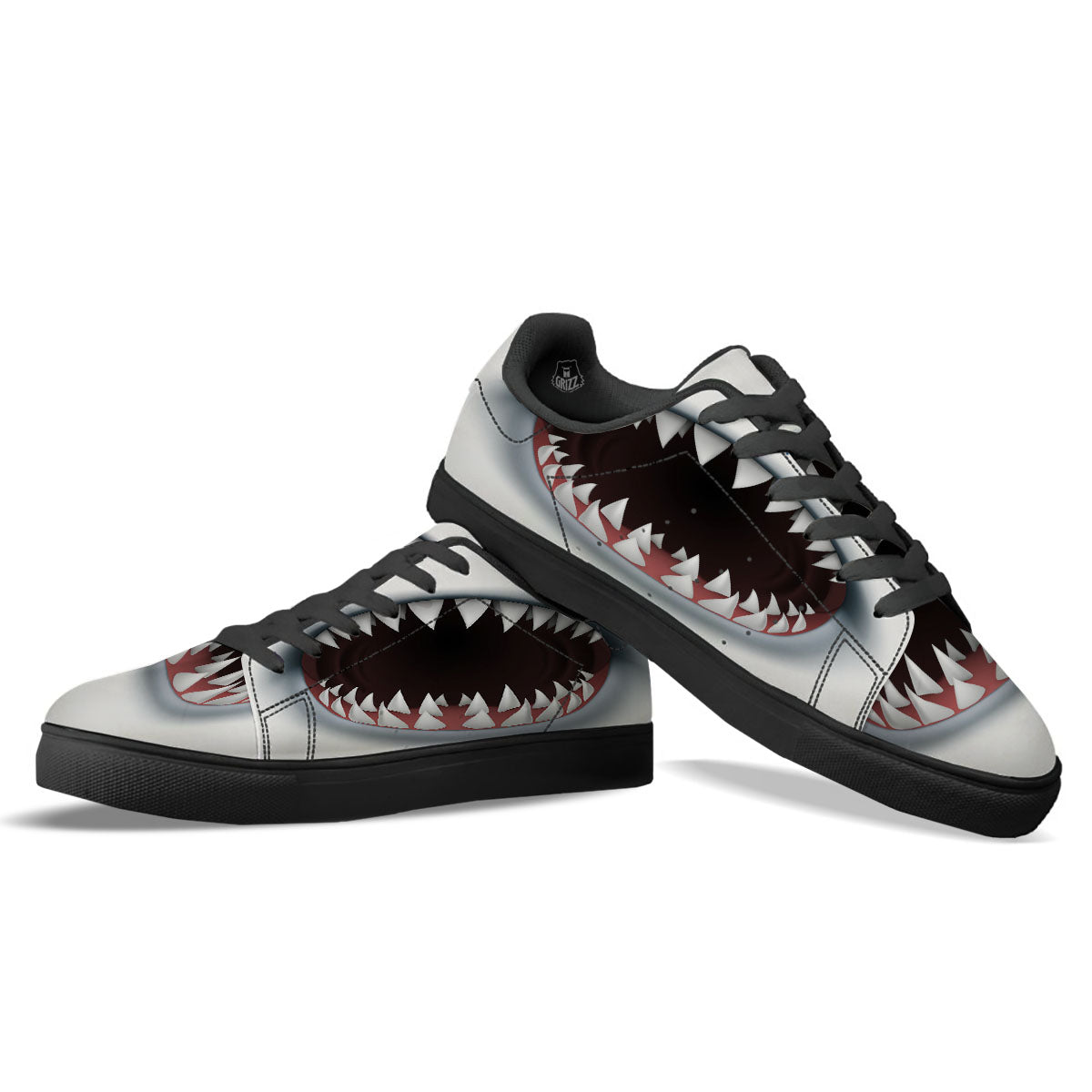 White Shark Open Mouth Print Black Low Top Sneakers-grizzshop