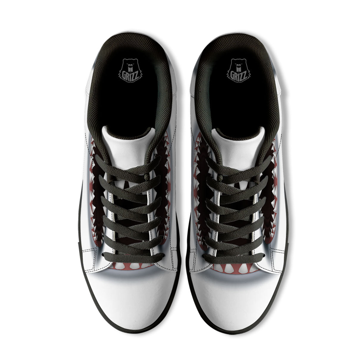 White Shark Open Mouth Print Black Low Top Sneakers-grizzshop