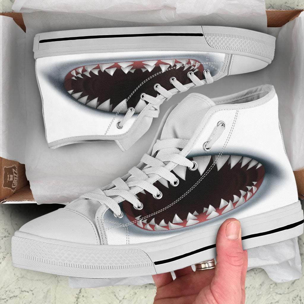 White Shark Open Mouth Print White High Top Shoes-grizzshop