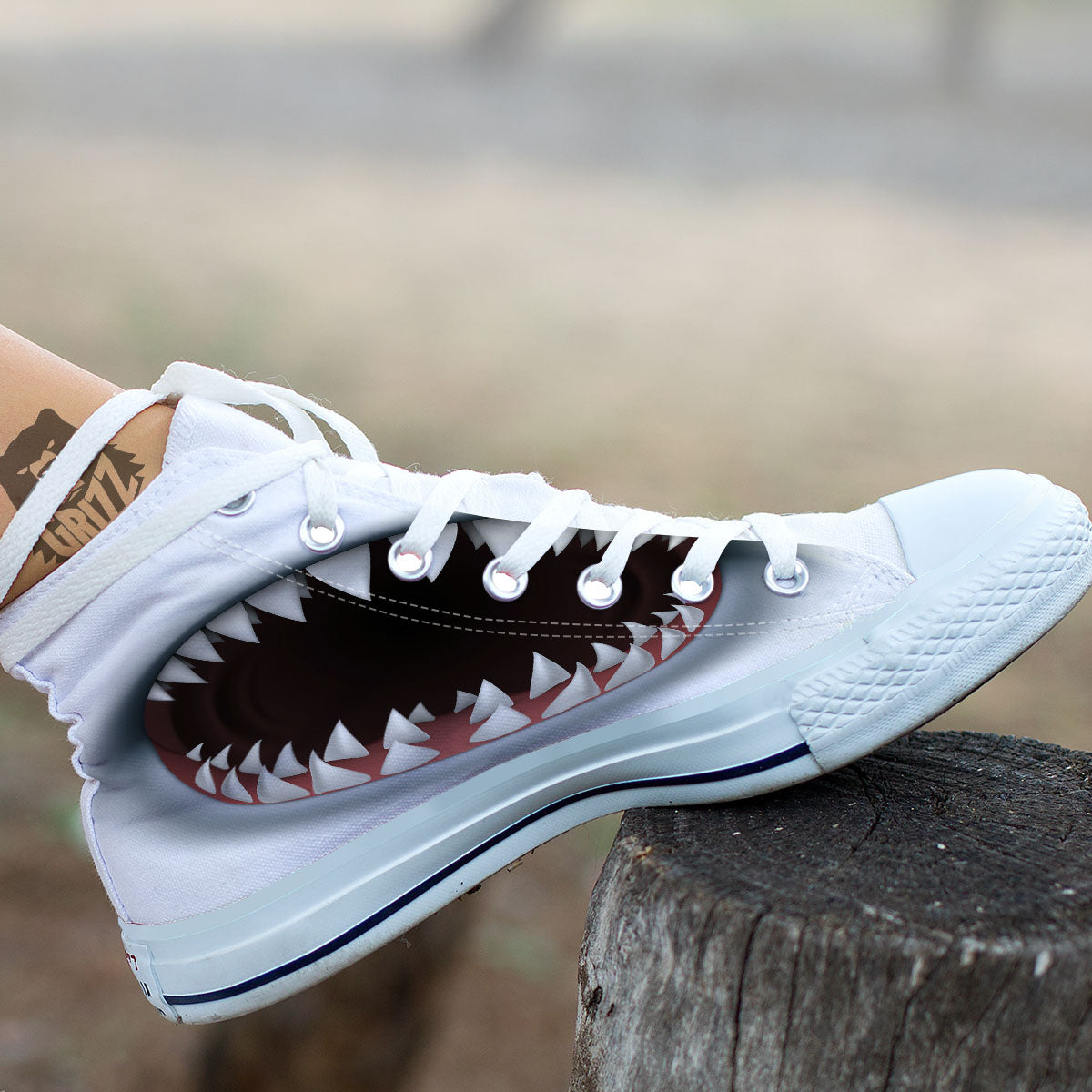 White Shark Open Mouth Print White High Top Shoes-grizzshop