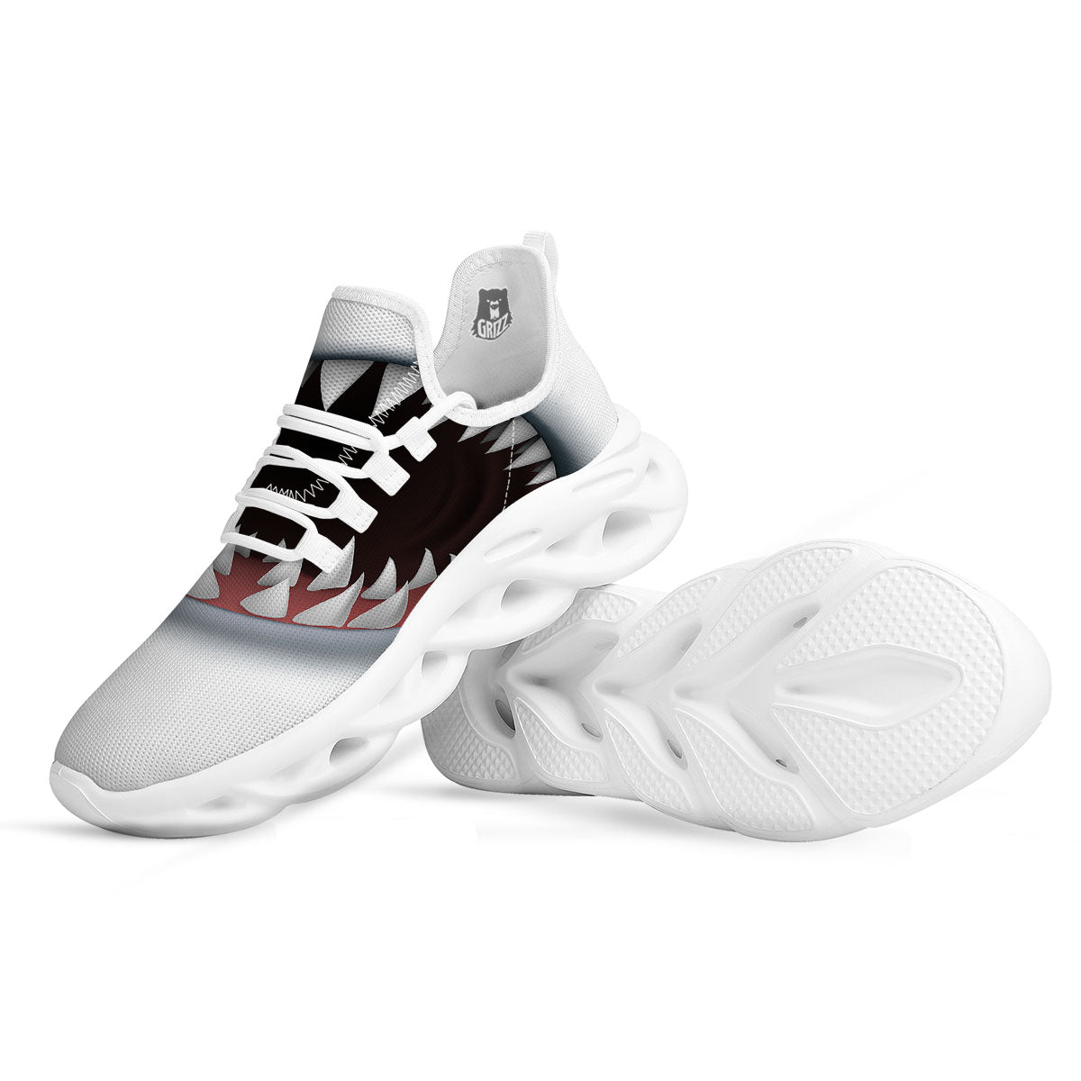 White Shark Open Mouth Print White Running Shoes-grizzshop
