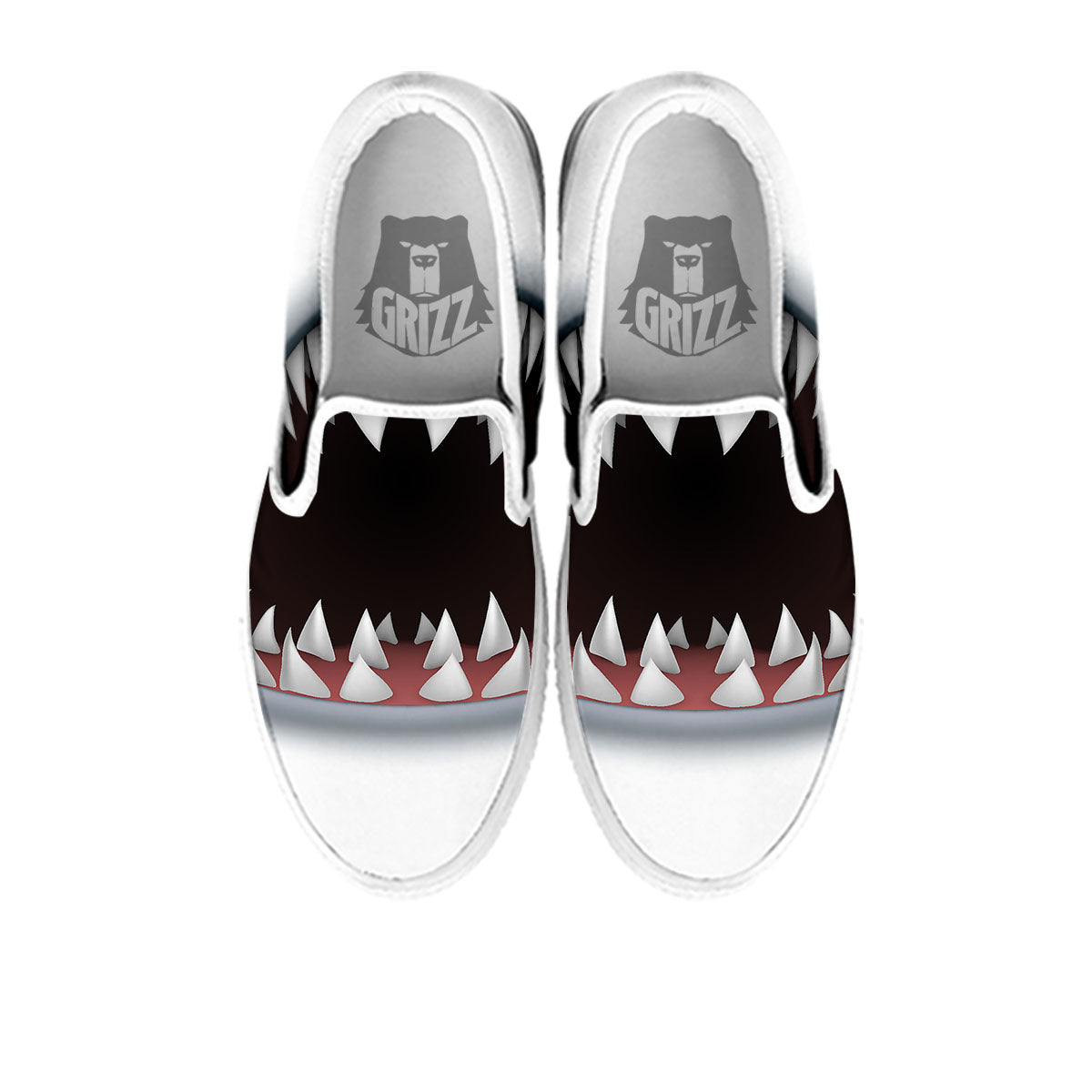 White Shark Open Mouth Print White Slip On Shoes-grizzshop