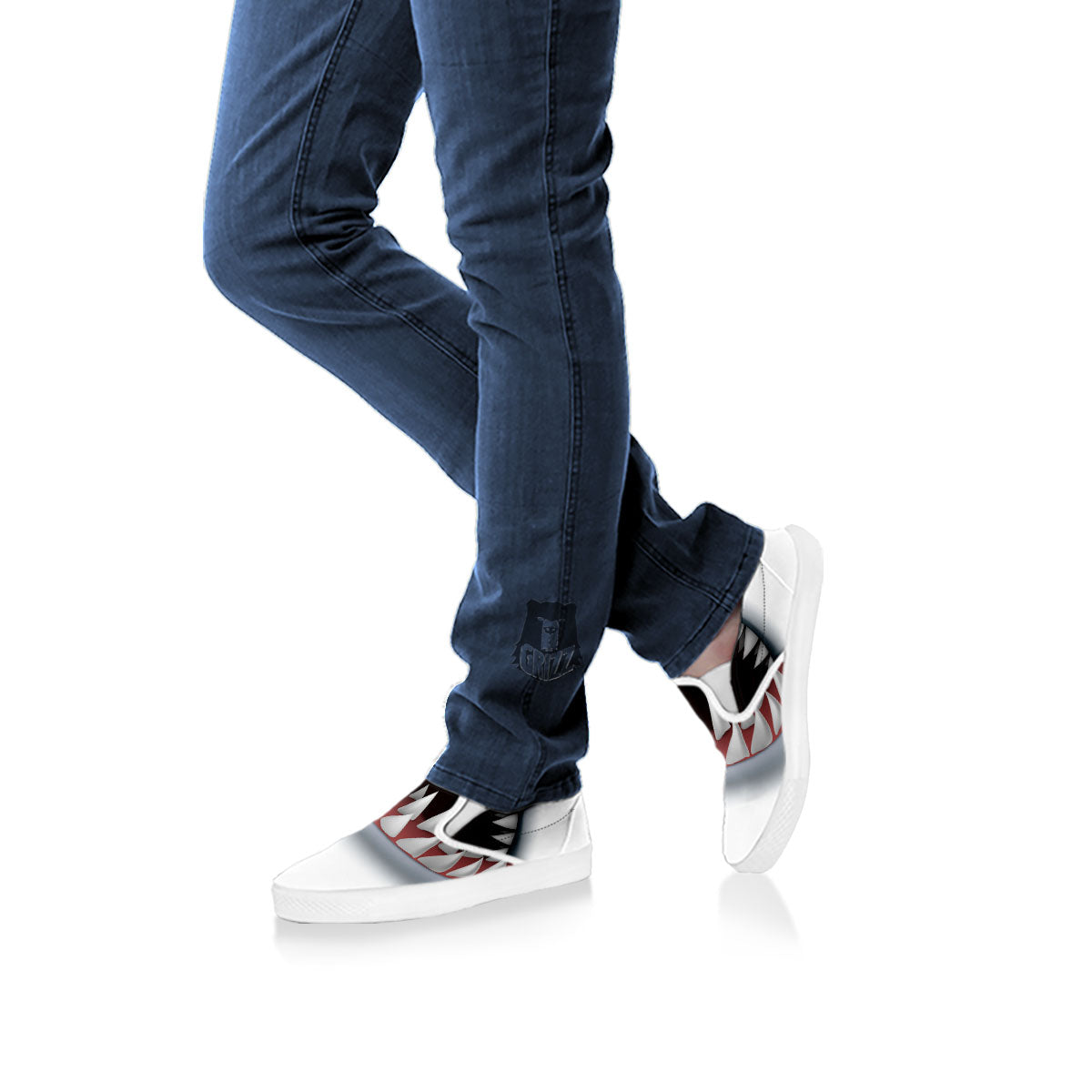 White Shark Open Mouth Print White Slip On Shoes-grizzshop