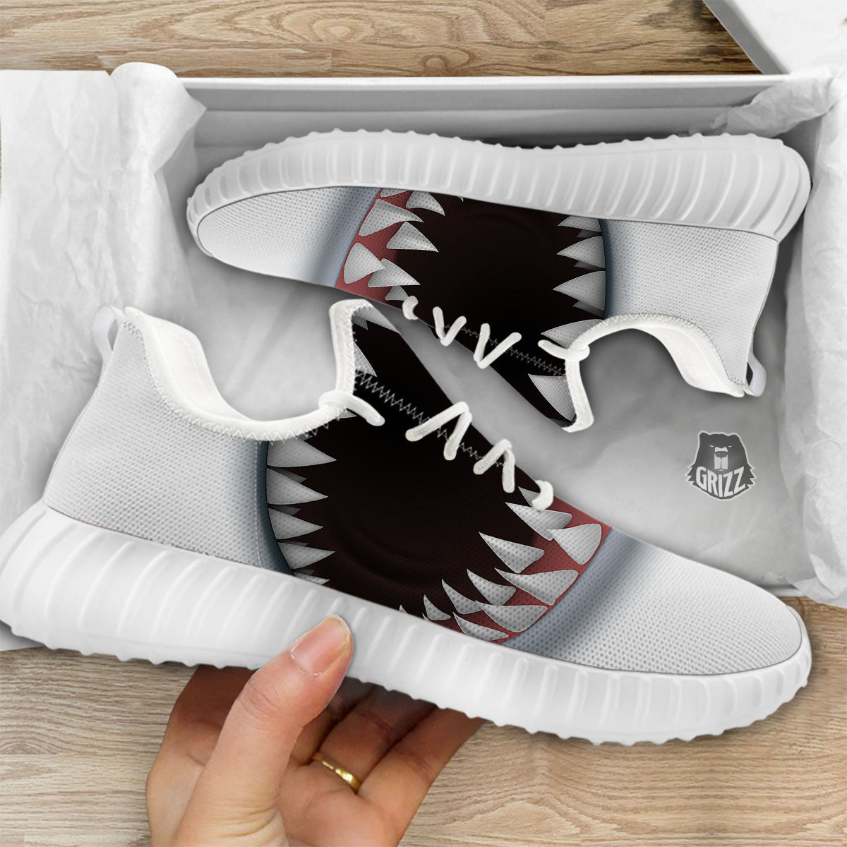 White Shark Open Mouth Print White Walking Shoes-grizzshop