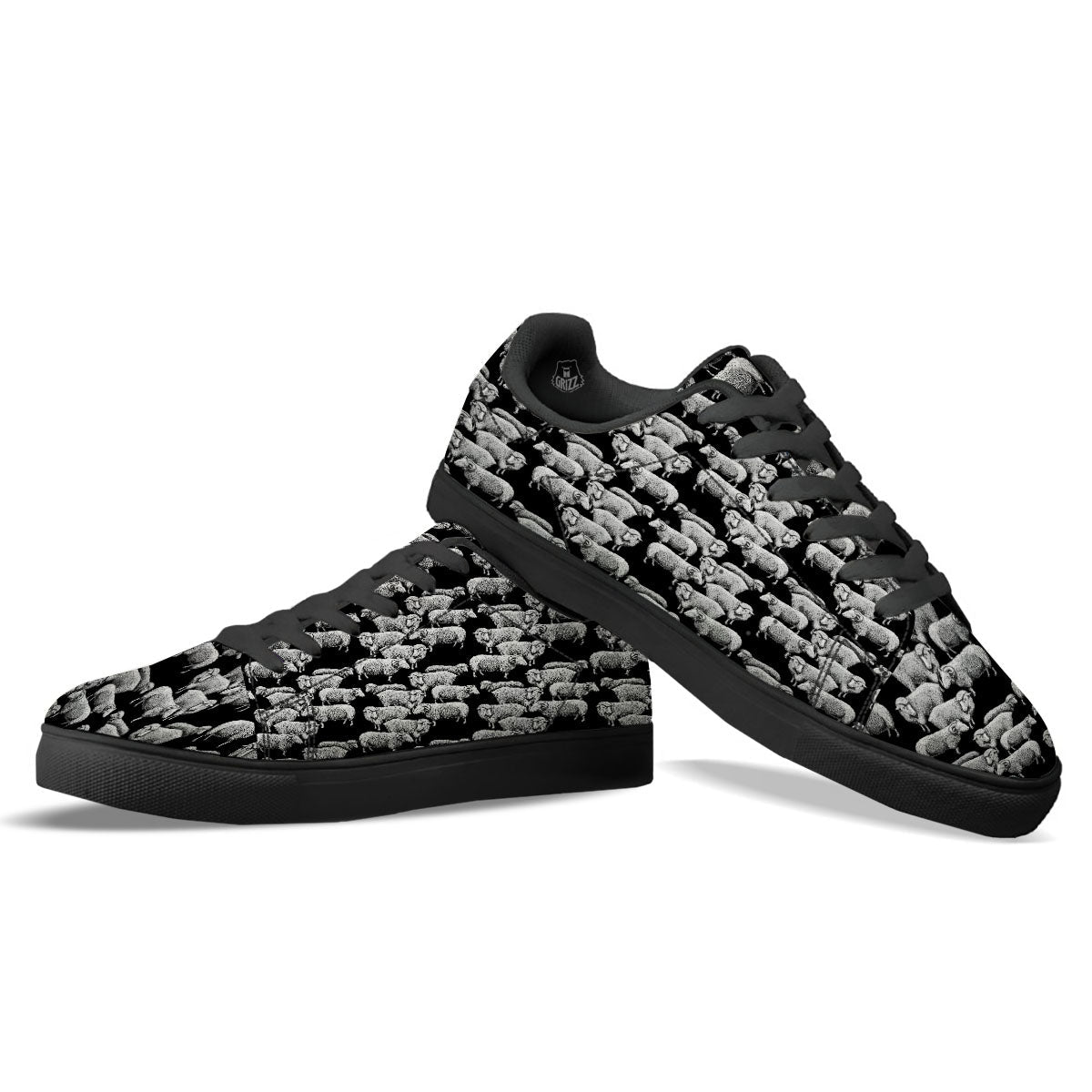 White Sheep And Black Print Pattern Black Low Top Sneakers-grizzshop