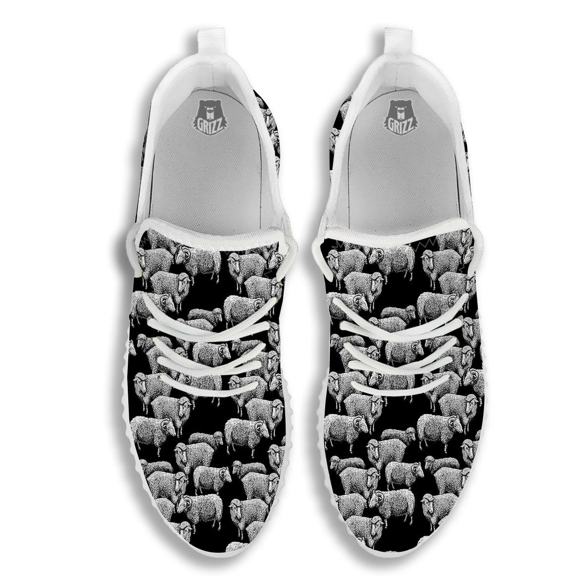 White Sheep And Black Print Pattern White Walking Shoes-grizzshop