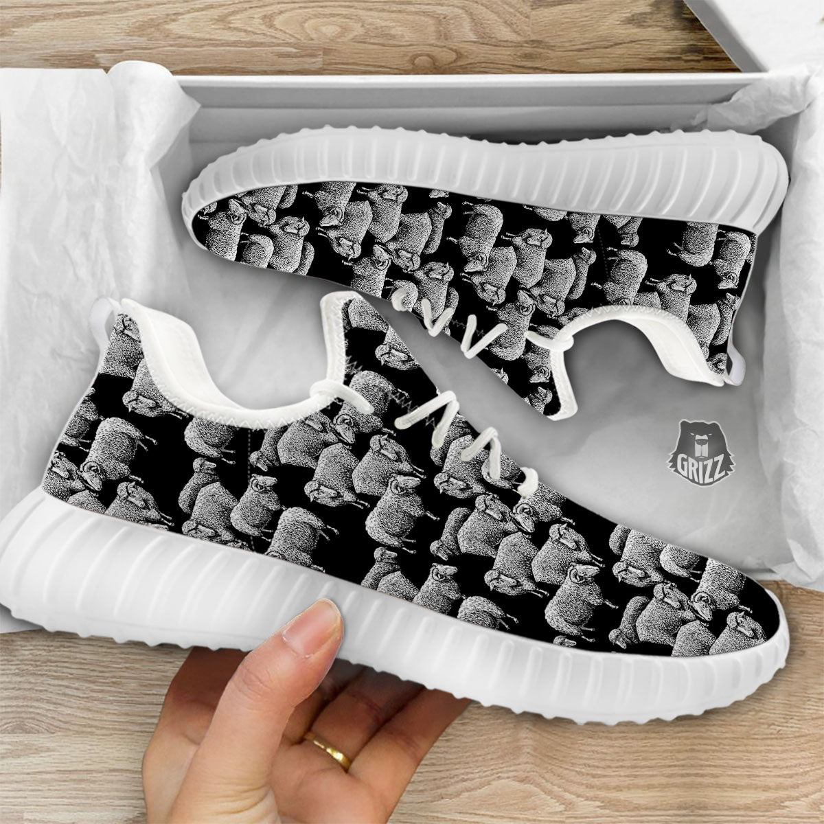 White Sheep And Black Print Pattern White Walking Shoes-grizzshop