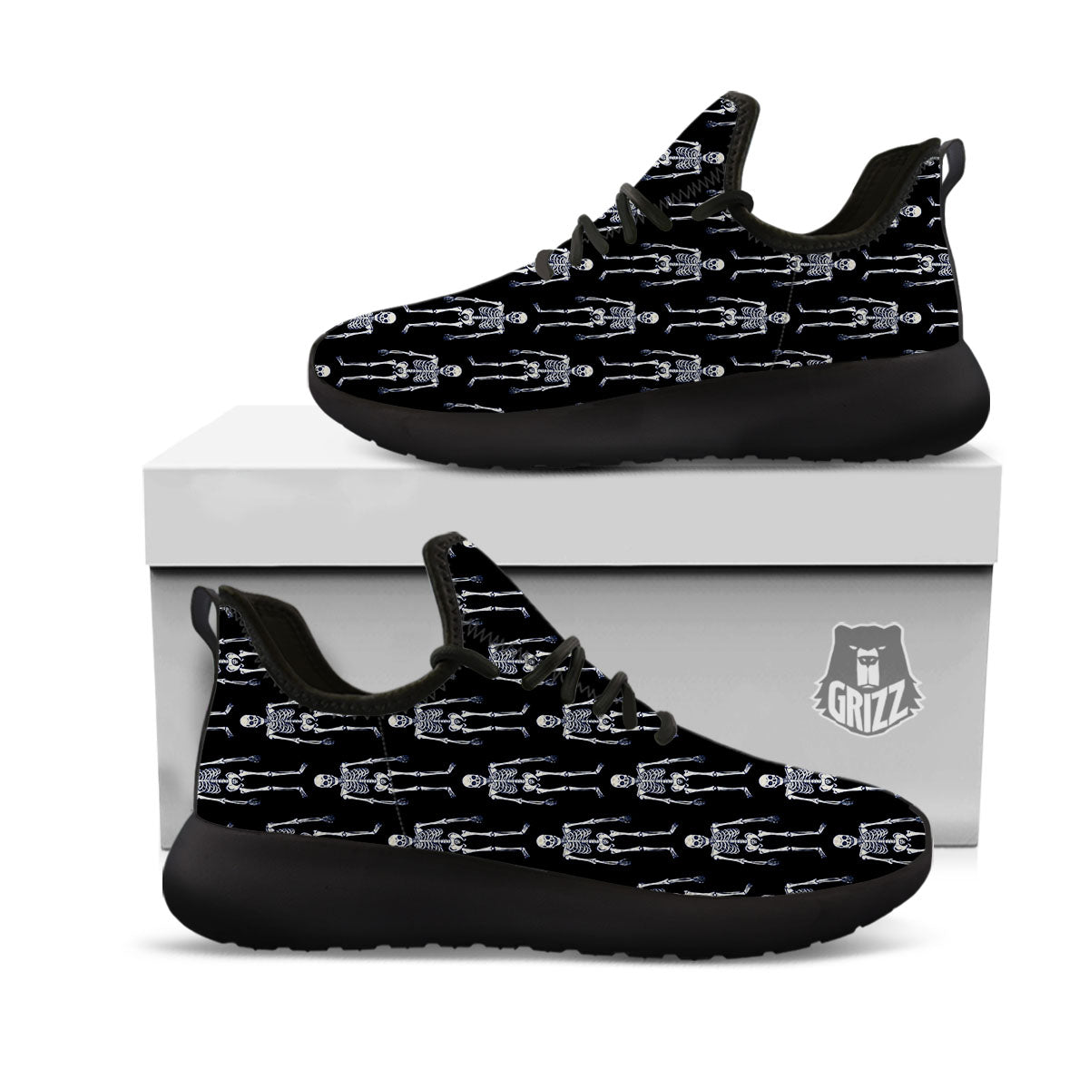 White Skeleton And Black Print Pattern Black Athletic Shoes-grizzshop