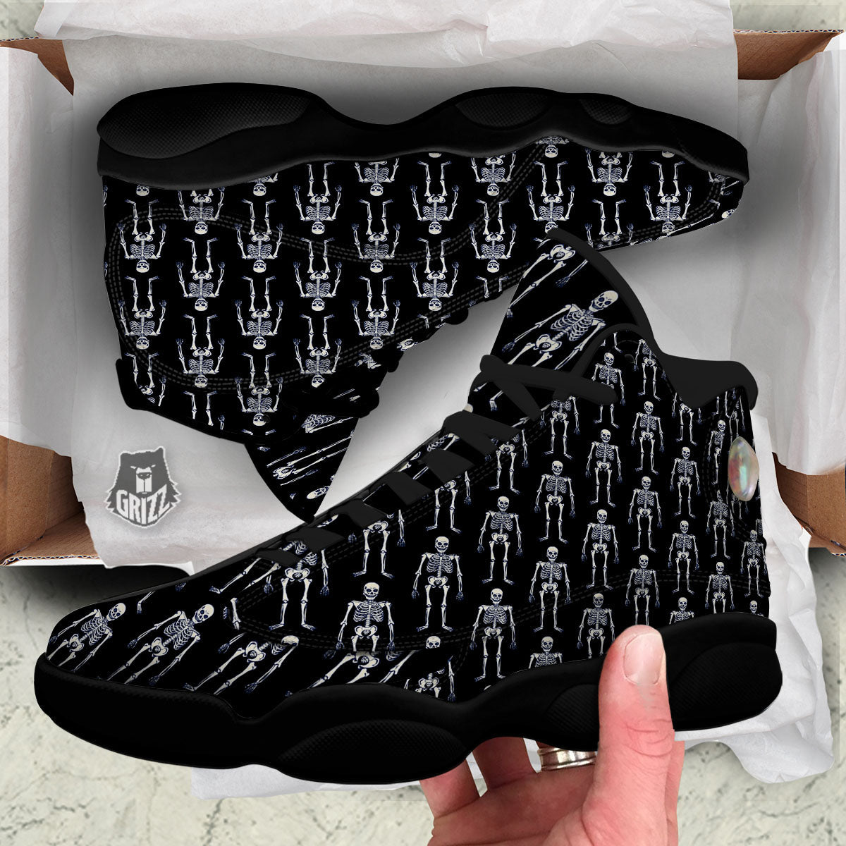 White Skeleton And Black Print Pattern Black Basketball Shoes-grizzshop
