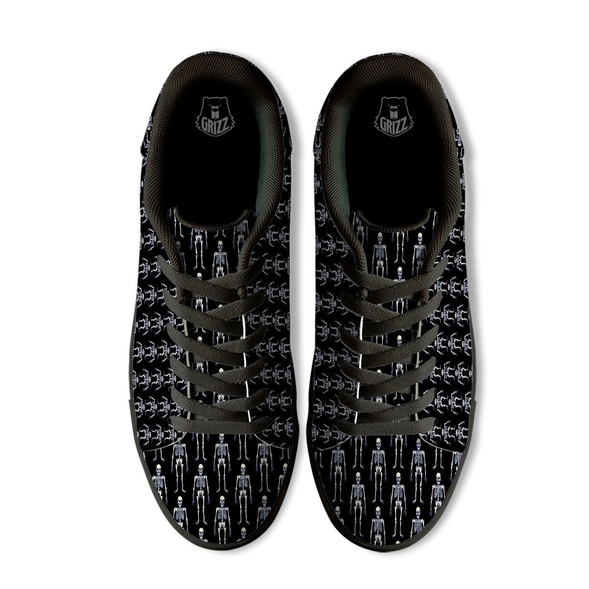 White Skeleton And Black Print Pattern Black Low Top Sneakers-grizzshop