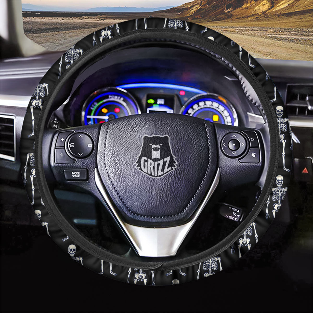 White Skeleton And Black Print Pattern Car Steering Wheel Cover-grizzshop