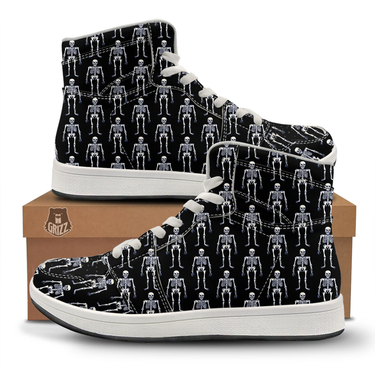 White Skeleton And Black Print Pattern High Top Sneakers-grizzshop