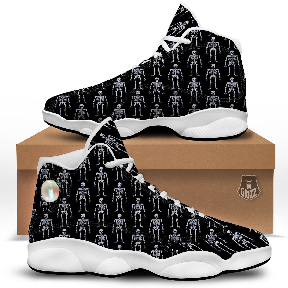 White Skeleton And Black Print Pattern White Basketball Shoes-grizzshop