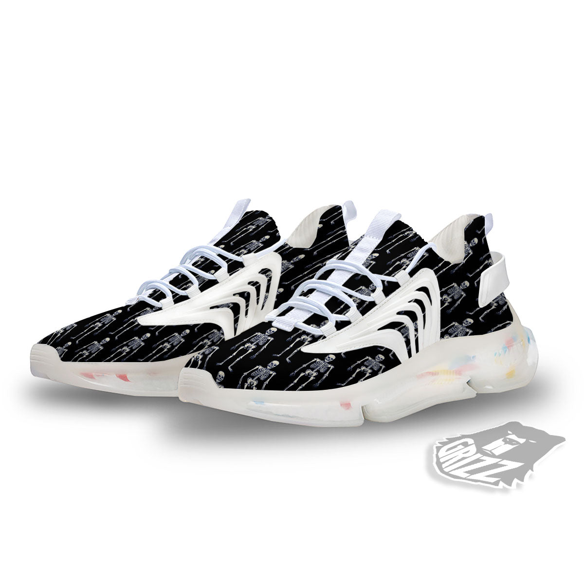 White Skeleton And Black Print Pattern White Gym Shoes-grizzshop