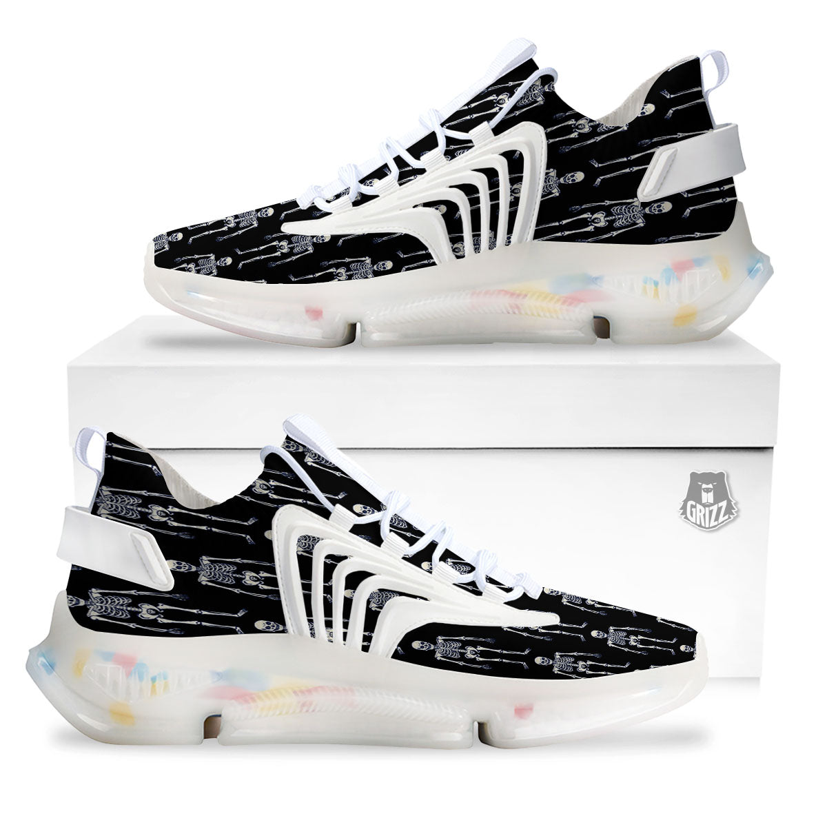 White Skeleton And Black Print Pattern White Gym Shoes-grizzshop