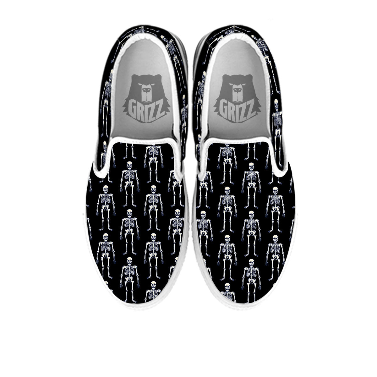 White Skeleton And Black Print Pattern White Slip On Shoes-grizzshop