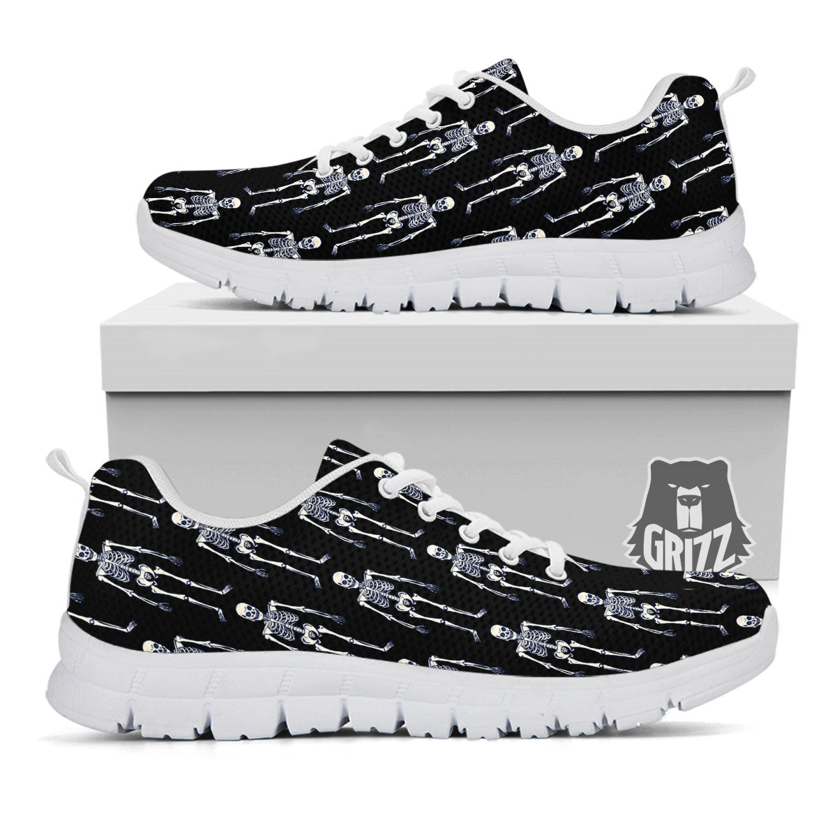 White Skeleton And Black Print Pattern White Sneaker-grizzshop