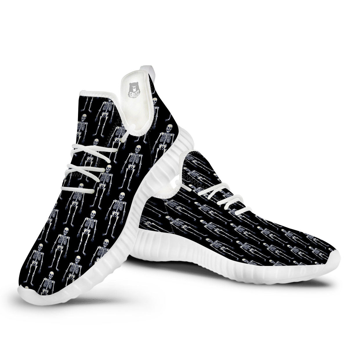 White Skeleton And Black Print Pattern White Walking Shoes-grizzshop
