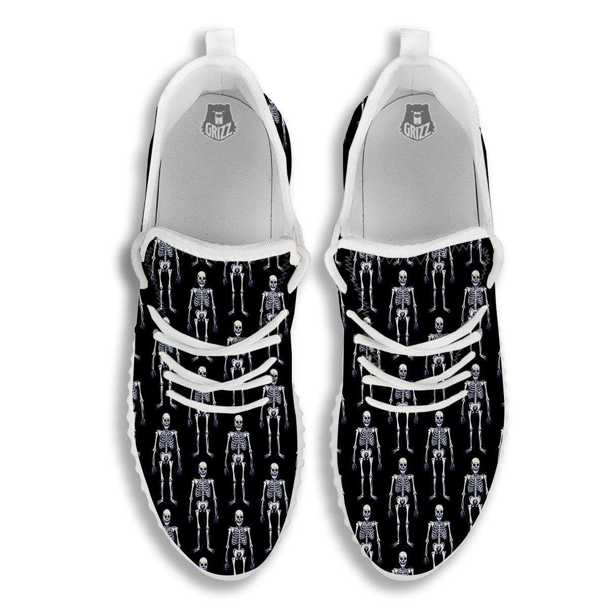 White Skeleton And Black Print Pattern White Walking Shoes-grizzshop