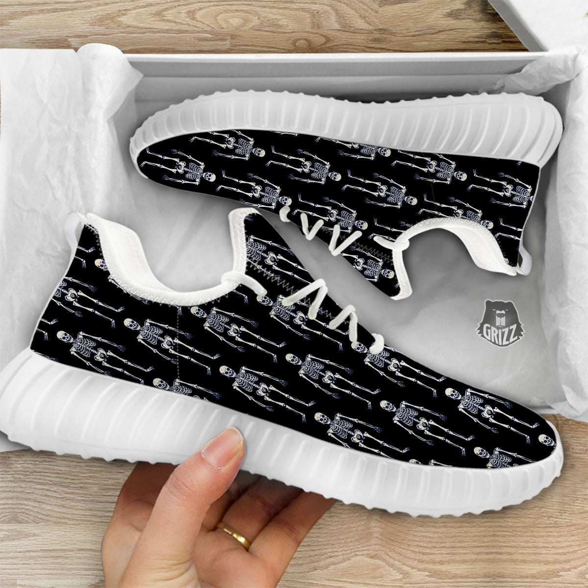 White Skeleton And Black Print Pattern White Walking Shoes-grizzshop