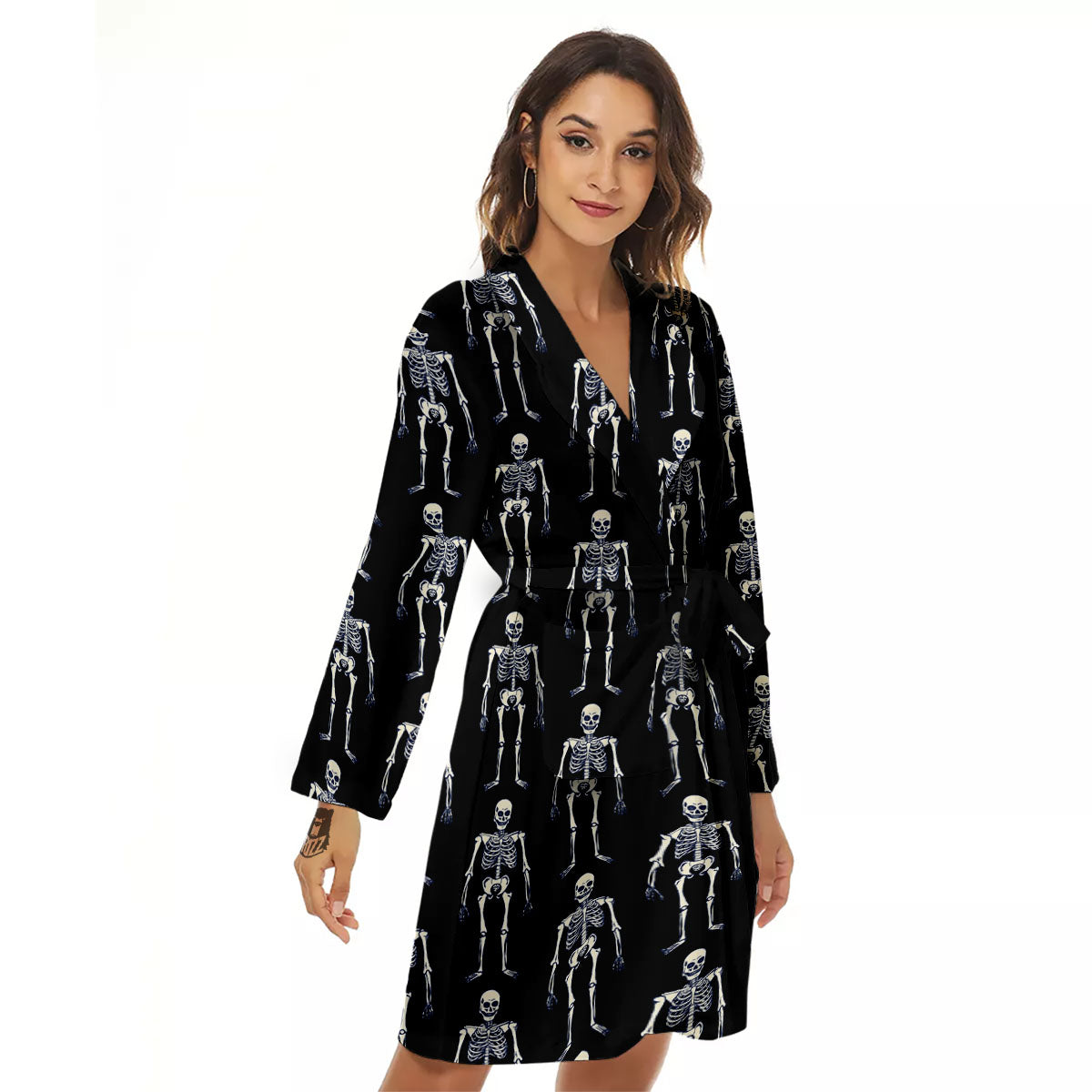 White Skeleton And Black Print Pattern Women's Robe-grizzshop