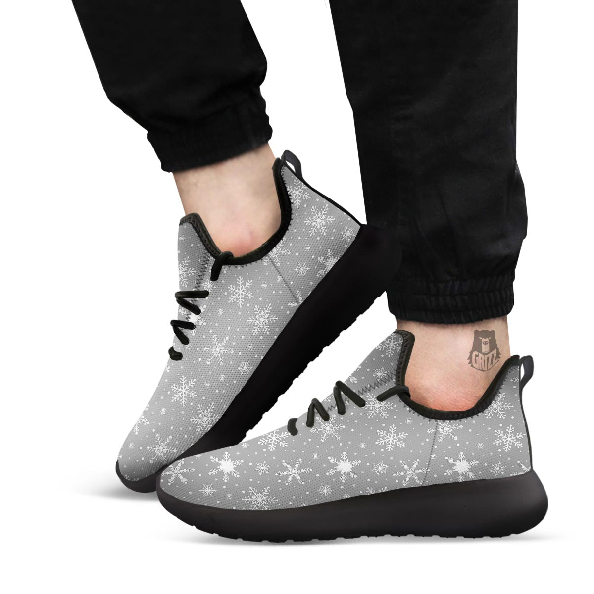 White Snowflake And Silver Print Pattern Black Athletic Shoes-grizzshop