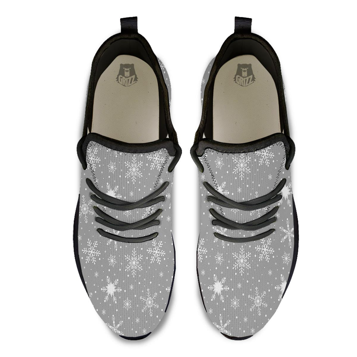 White Snowflake And Silver Print Pattern Black Athletic Shoes-grizzshop