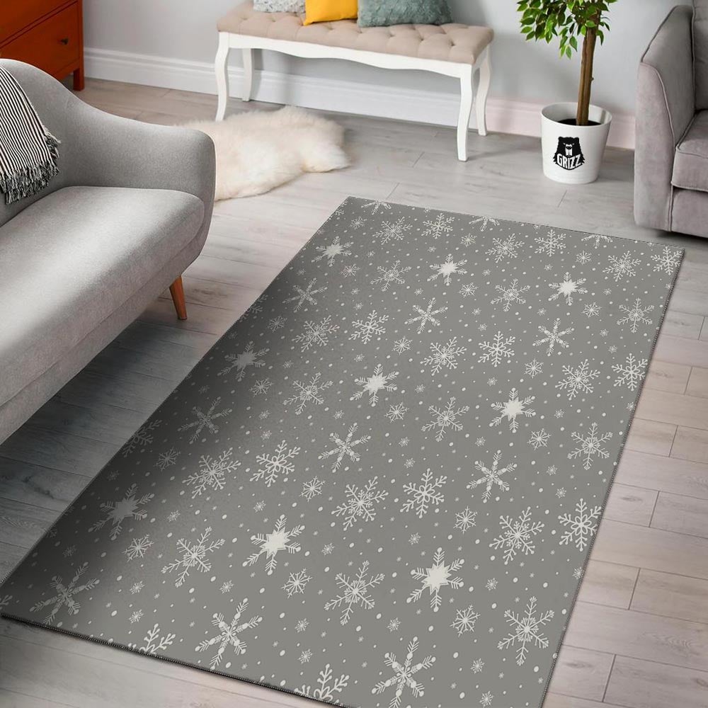 White Snowflake And Silver Print Pattern Floor Mat-grizzshop