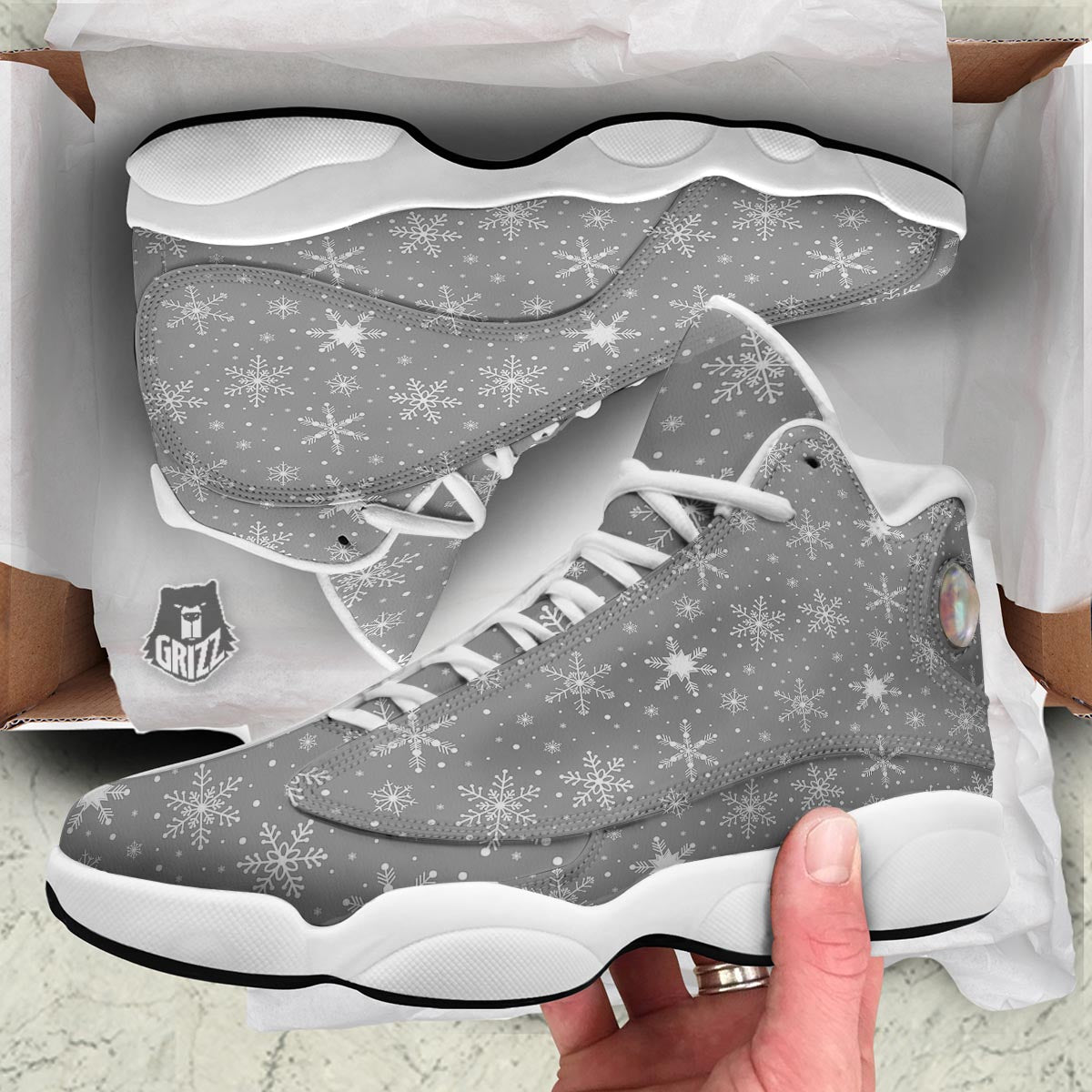White Snowflake And Silver Print Pattern White Basketball Shoes-grizzshop