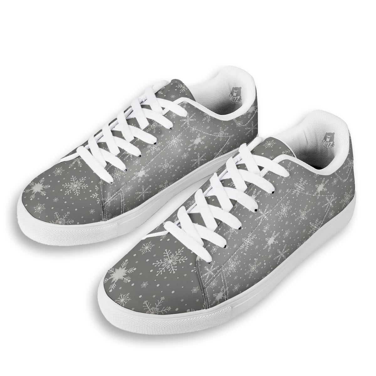 White Snowflake And Silver Print Pattern White Low Top Sneakers-grizzshop
